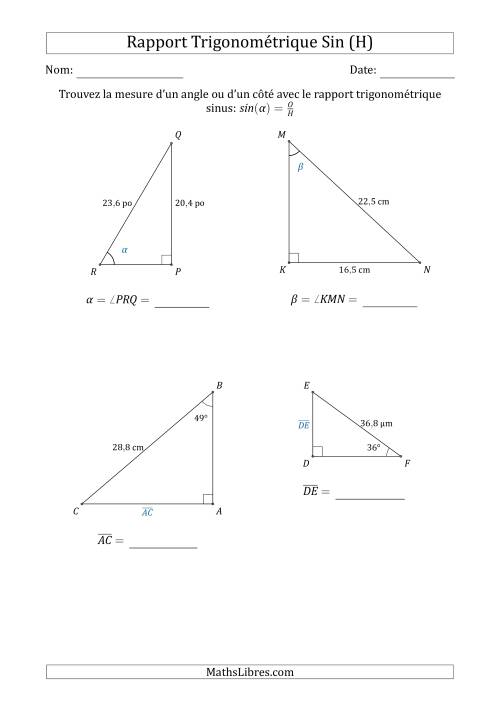 Calcul de la Mesure d'un Angle ou d'un Côté Avec le Rapport Trigonométrique Sinus (H)