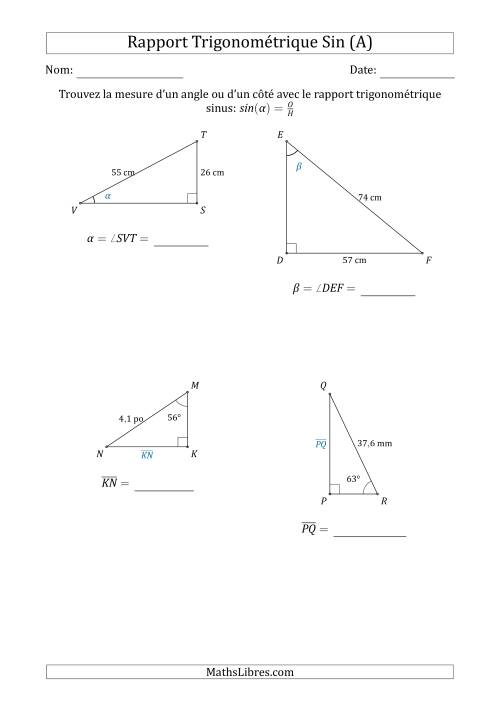 Calcul de la Mesure d'un Angle ou d'un Côté Avec le Rapport Trigonométrique Sinus (Tout)
