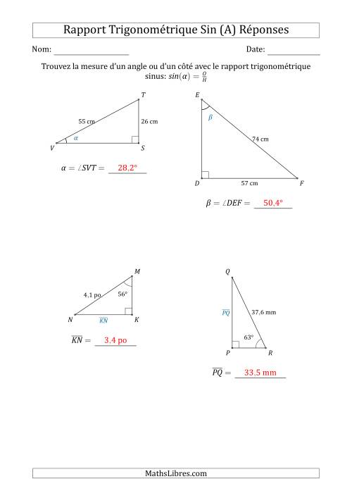 Calcul de la Mesure d'un Angle ou d'un Côté Avec le Rapport Trigonométrique Sinus (Tout) page 2