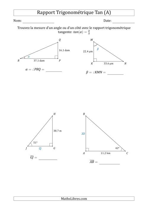 Calcul de la Mesure d'un Angle ou d'un Côté Avec le Rapport Trigonométrique Tangente (A)