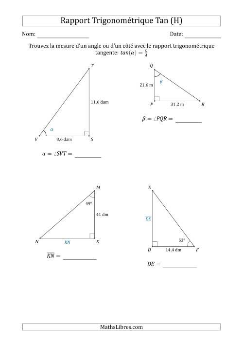 Calcul de la Mesure d'un Angle ou d'un Côté Avec le Rapport Trigonométrique Tangente (H)