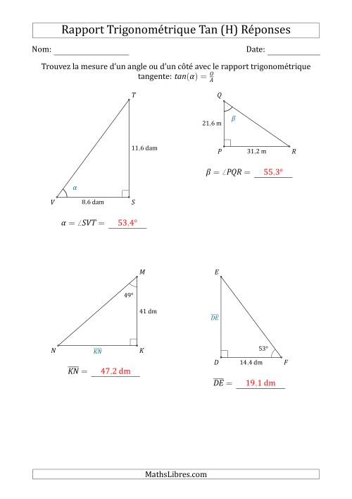 Calcul de la Mesure d'un Angle ou d'un Côté Avec le Rapport Trigonométrique Tangente (H) page 2