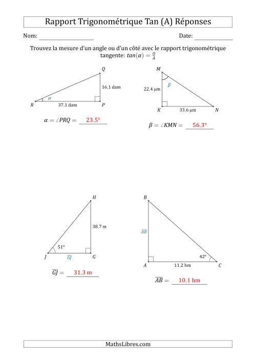 Calcul de la Mesure d'un Angle ou d'un Côté Avec le Rapport Trigonométrique Tangente (Tout) page 2