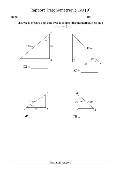 Calcul de la Mesure d'un Côté Avec le Rapport Trigonométrique Cosinus (B)