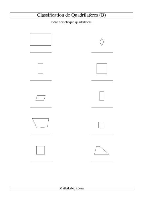 Classification de quadrilatères (carrés, rectangles, parallélogrammes, trapèzes, losanges et non-définis) (B)