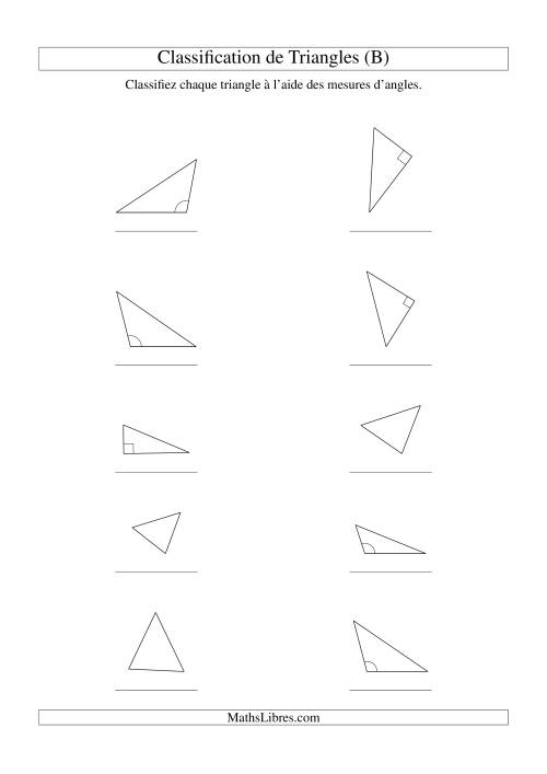 Classification de triangles à l'aide de leurs angles (B)