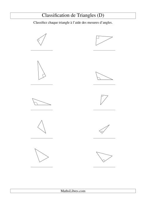 Classification de triangles à l'aide de leurs angles (D)
