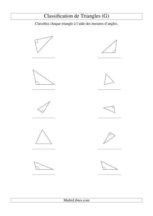 Classification de triangles à l'aide de leurs angles (G)