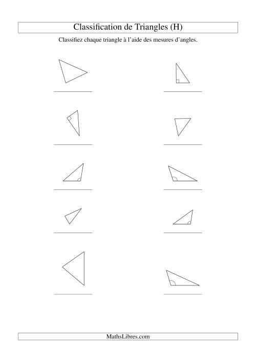Classification de triangles à l'aide de leurs angles (H)