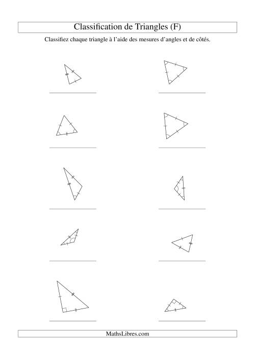 Classification de triangles à l'aide de leurs angles et mesures de côtés (F)