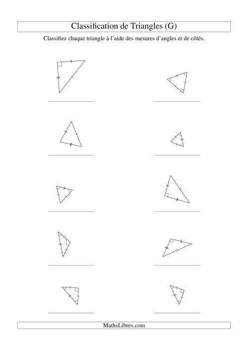Classification de triangles à l'aide de leurs angles et mesures de côtés (G)