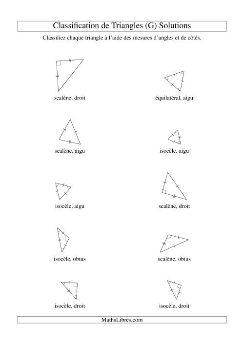 Classification de triangles à l'aide de leurs angles et mesures de côtés (G) page 2