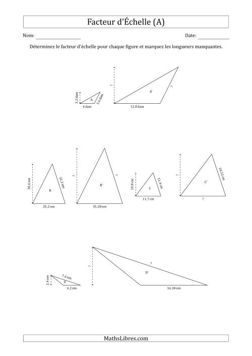 Déterminer les Facteurs d'Échelles des Triangles et Déterminer les Longeurs Manquantes (Facteur d'Échelle à un Intervalle de 0,1) (A)
