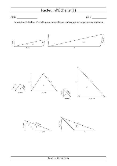 Déterminer les Facteurs d'Échelles des Triangles et Déterminer les Longeurs Manquantes (Facteur d'Échelle à un Intervalle de 0,1) (I)