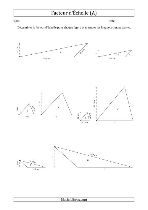 Déterminer les Facteurs d'Échelles des Triangles et Déterminer les Longeurs Manquantes (Facteur d'Échelle à un Intervalle de 0,5) (A)