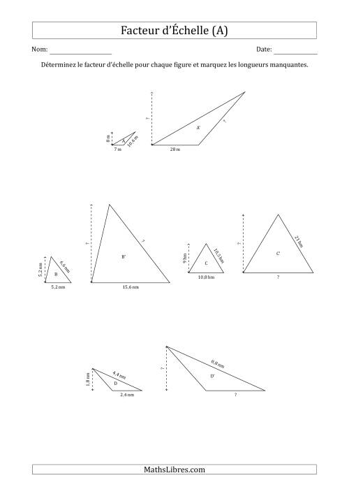 Déterminer les Facteurs d'Échelles des Triangles et Déterminer les Longeurs Manquantes (Facteur d'Échelle en Nombre Entier) (A)