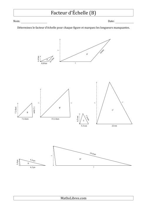 Déterminer les Facteurs d'Échelles des Triangles et Déterminer les Longeurs Manquantes (Facteur d'Échelle en Nombre Entier) (B)