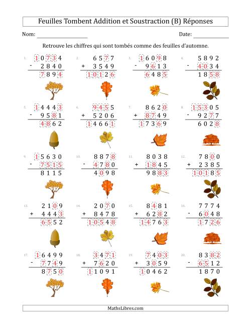 C'est l'automne, les chiffres sont tombés, Addition et Soustraction (Version Plus Difficile) (B) page 2