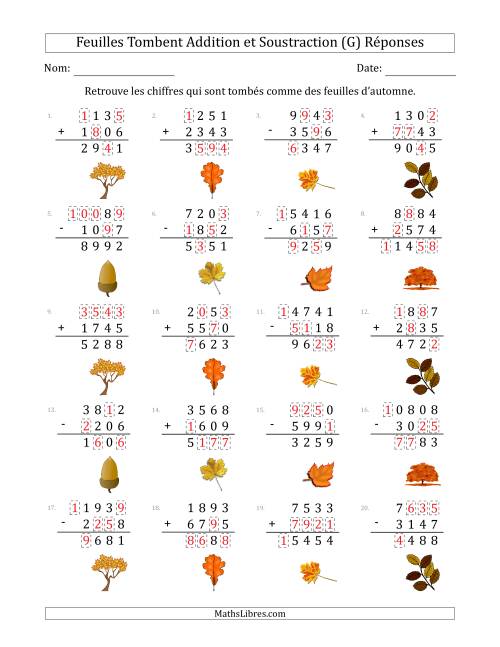 C'est l'automne, les chiffres sont tombés, Addition et Soustraction (Version Plus Difficile) (G) page 2