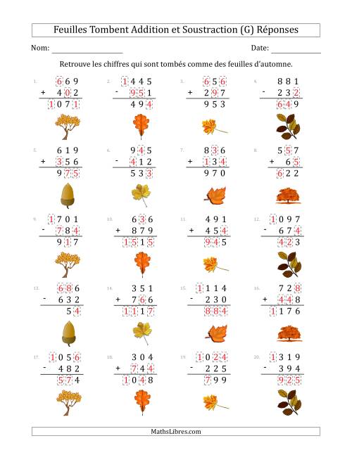 C'est l'automne, les chiffres sont tombés, Addition et Soustraction (Version Plus Facile) (G) page 2