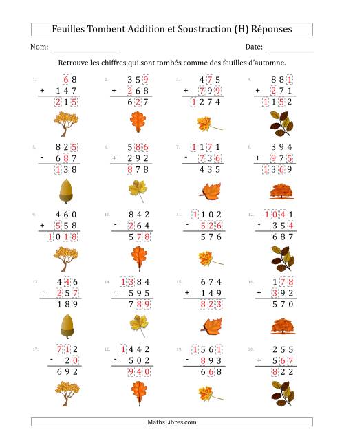 C'est l'automne, les chiffres sont tombés, Addition et Soustraction (Version Plus Facile) (H) page 2