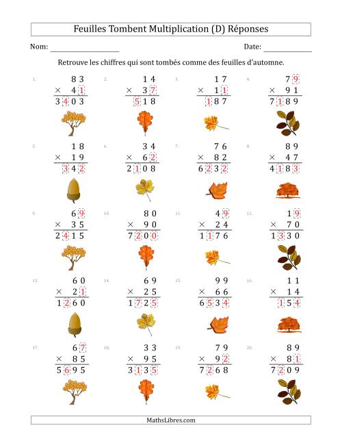 C'est l'automne, les chiffres sont tombés, Multiplication (Version Plus Difficile) (D) page 2