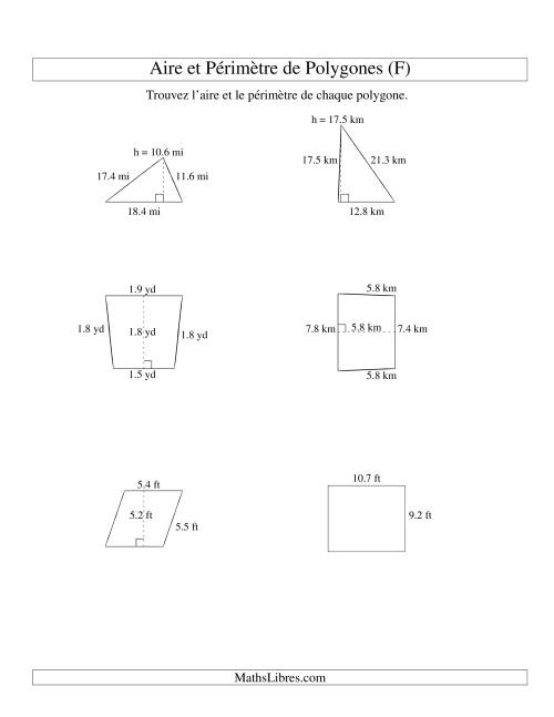 Aire et périmètre de formes variées (jusqu'à 1 décimale; variation 5-20) (F)