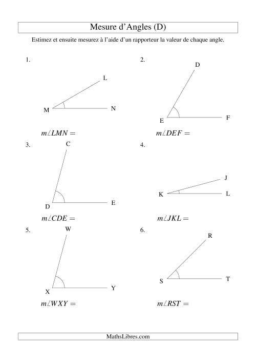 Mesure d'angles entre 0° et 90° (intervalles de 15°) (D)