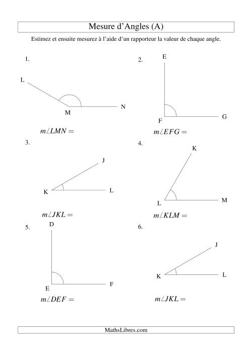 Mesure d'angles entre 0° et 180° (intervalles de 30°) (A)