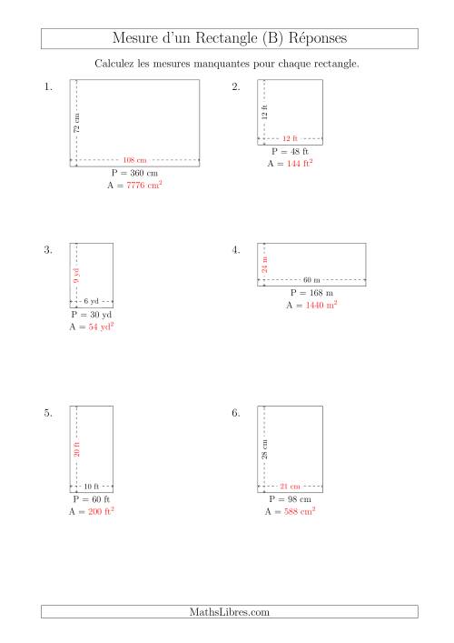 Calcul de l'Aire, Longueur ou Largeur des Rectangles (Avec de Larges Nombres Entiers) (B) page 2