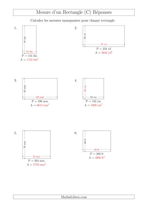 Calcul de l'Aire, Longueur ou Largeur des Rectangles (Avec de Larges Nombres Entiers) (C) page 2