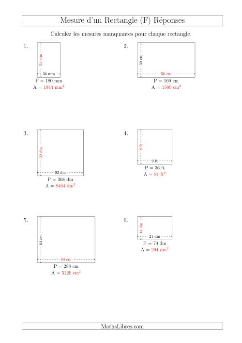 Calcul de l'Aire, Longueur ou Largeur des Rectangles (Avec de Larges Nombres Entiers) (F) page 2