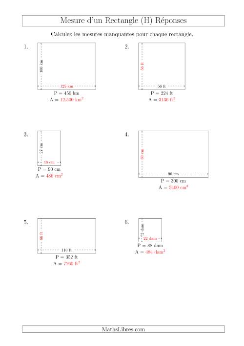 Calcul de l'Aire, Longueur ou Largeur des Rectangles (Avec de Larges Nombres Entiers) (H) page 2