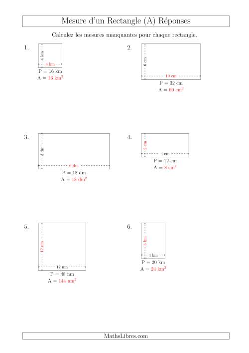 Calcul de l'Aire, Longueur ou Largeur des Rectangles (Avec de Petits Nombres Entiers) (A) page 2