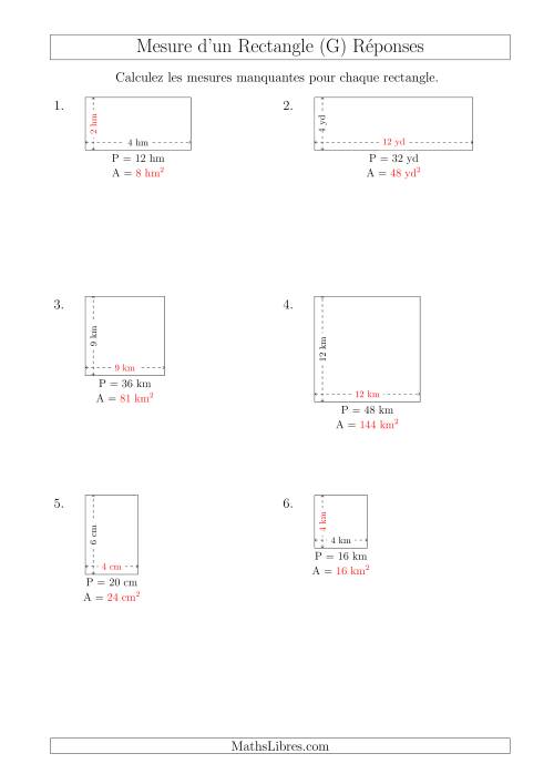Calcul de l'Aire, Longueur ou Largeur des Rectangles (Avec de Petits Nombres Entiers) (G) page 2