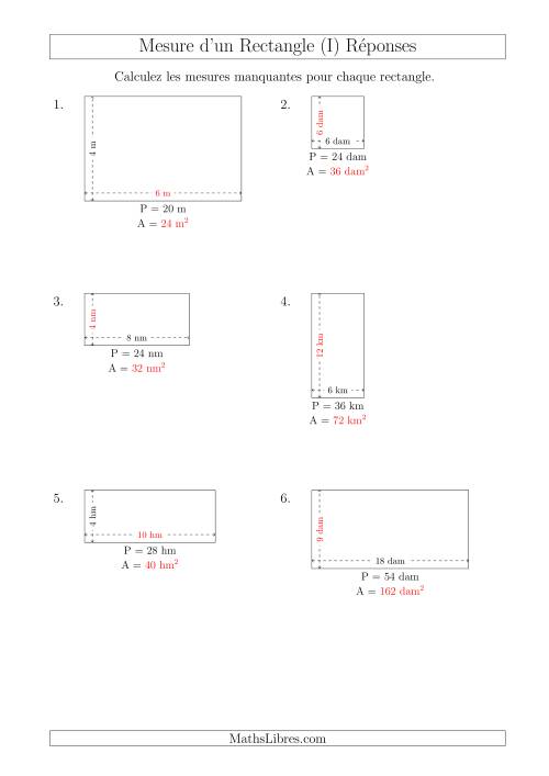 Calcul de l'Aire, Longueur ou Largeur des Rectangles (Avec de Petits Nombres Entiers) (I) page 2