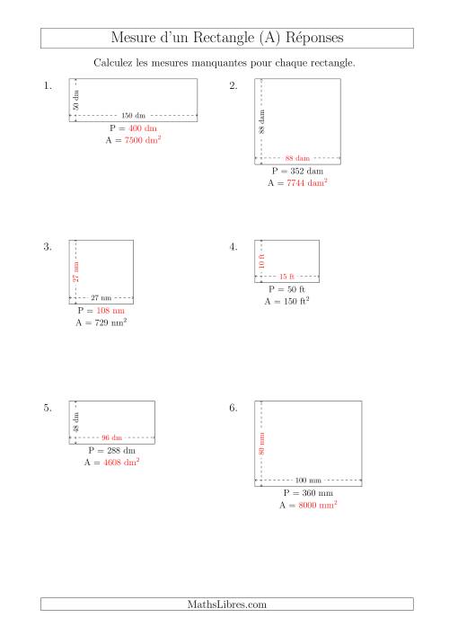 Calcul de l'Aire, Périmètre, Longueur ou Largeur des Rectangles (Avec de Larges Nombres Entiers) (A) page 2