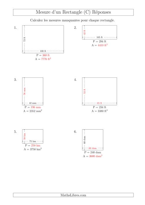 Calcul de l'Aire, Périmètre, Longueur ou Largeur des Rectangles (Avec de Larges Nombres Entiers) (C) page 2