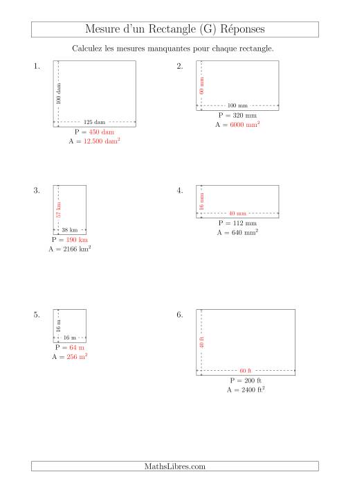 Calcul de l'Aire, Périmètre, Longueur ou Largeur des Rectangles (Avec de Larges Nombres Entiers) (G) page 2