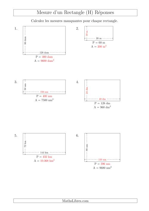 Calcul de l'Aire, Périmètre, Longueur ou Largeur des Rectangles (Avec de Larges Nombres Entiers) (H) page 2