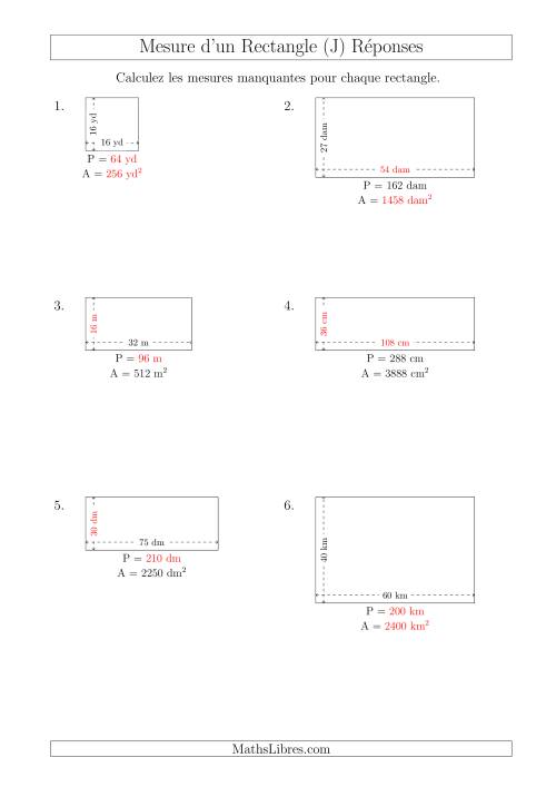 Calcul de l'Aire, Périmètre, Longueur ou Largeur des Rectangles (Avec de Larges Nombres Entiers) (J) page 2