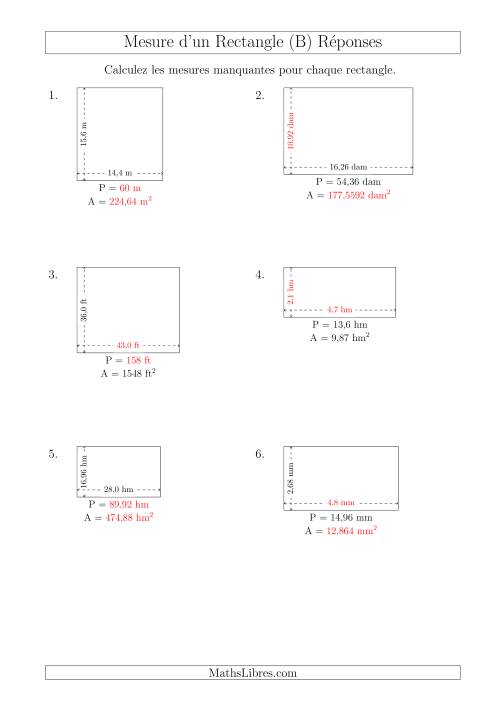 Calcul de l'Aire, Périmètre, Longueur ou Largeur des Rectangles (Avec de Larges Nombres Entiers) (B) page 2