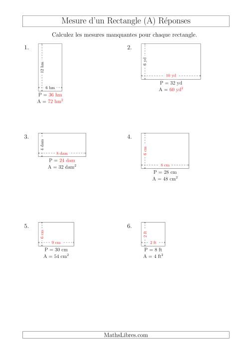 Calcul de l'Aire, Périmètre, Longueur ou Largeur des Rectangles (Avec de Petits Nombres Entiers) (A) page 2
