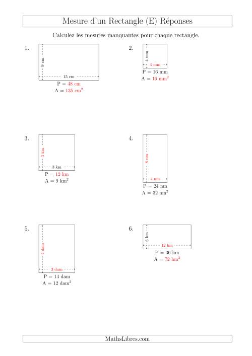 Calcul de l'Aire, Périmètre, Longueur ou Largeur des Rectangles (Avec de Petits Nombres Entiers) (E) page 2