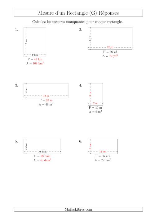 Calcul de l'Aire, Périmètre, Longueur ou Largeur des Rectangles (Avec de Petits Nombres Entiers) (G) page 2