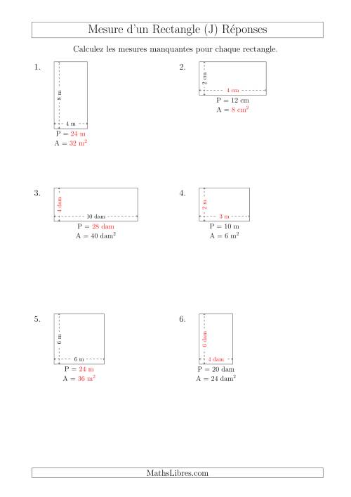 Calcul de l'Aire, Périmètre, Longueur ou Largeur des Rectangles (Avec de Petits Nombres Entiers) (J) page 2