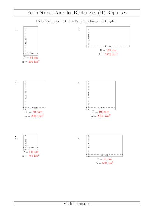 Calcul du Périmètre et de l'Aire des Rectangles (Avec de Larges Nombres Entiers) (H) page 2