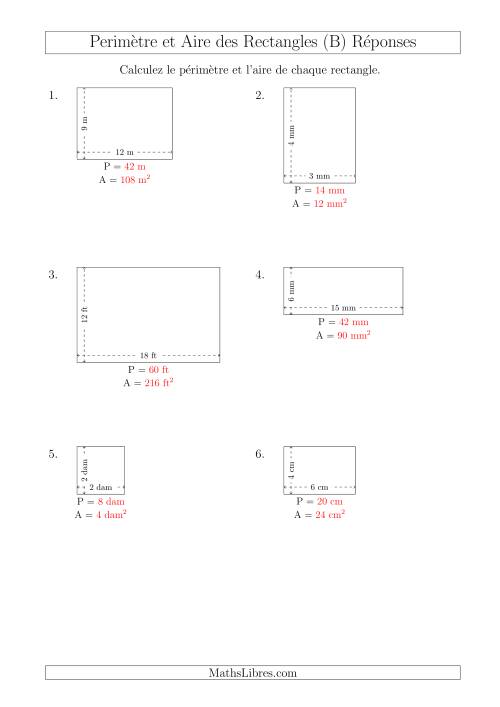 Calcul du Périmètre et de l'Aire des Rectangles (Avec de Petits Nombres Entiers) (B) page 2