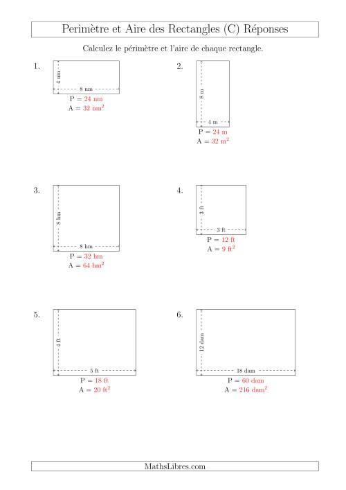 Calcul du Périmètre et de l'Aire des Rectangles (Avec de Petits Nombres Entiers) (C) page 2