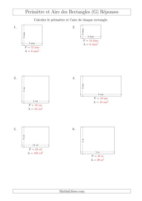 Calcul du Périmètre et de l'Aire des Rectangles (Avec de Petits Nombres Entiers) (G) page 2